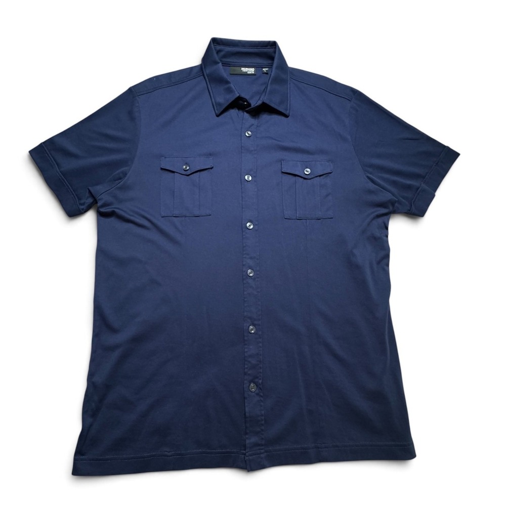 Murano Liquid Luxury Mens L Shirt Slim Fit Navy Blue Cotton Preppy Casual